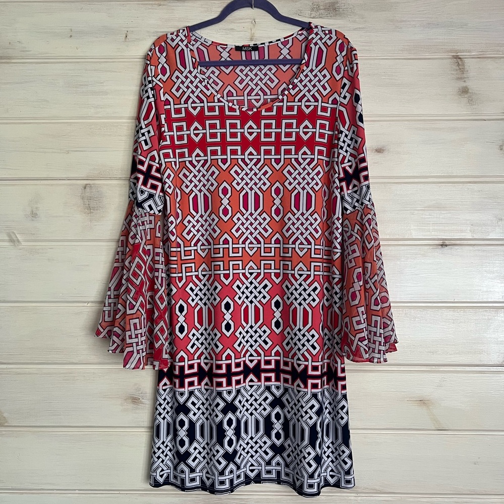 MSK Womens White Multicolor 3/4 Sleeve Knee Length Dress Size Xlarge Party Cozy